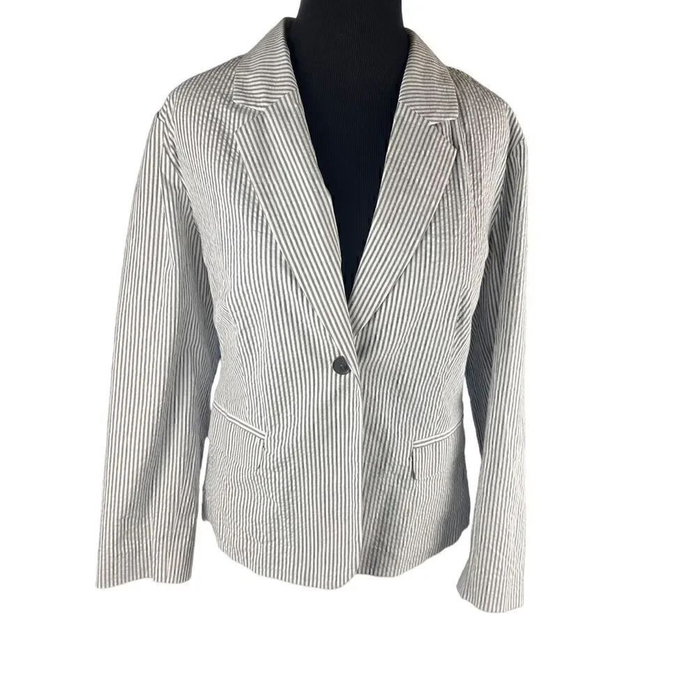 COPY - J.Jill XLP long sleeve gray striped one button blazer lightweight career…